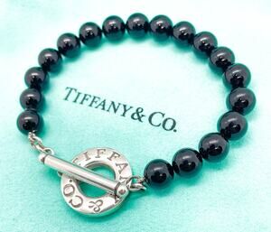 Tiffany & Co. 8mm Onyx Bead Ball Toggle Bracelet Sterling Silver 7.5" w/ Pouch